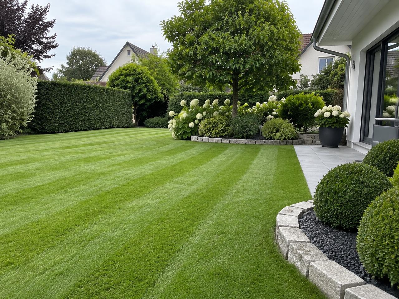 Gepflegter Garten mit geschnittener Hecke und Rasenflächen
