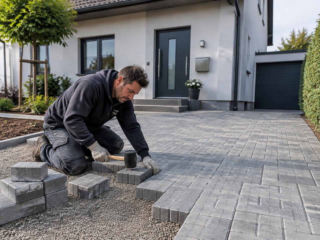 Handwerker beim Verlegen von Pflastersteinen einer Einfahrt