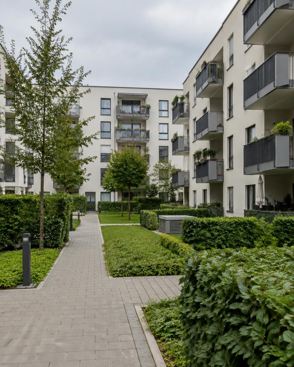 Innenhof einer Wohnanlage mit gepflegten Grünflächen